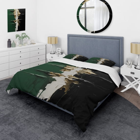 Designart "Golden Merge of Green and Black Ink II" Abstract Painting Bedding Covert Set - Abstract Green Modern Bed Set With 2 Shams