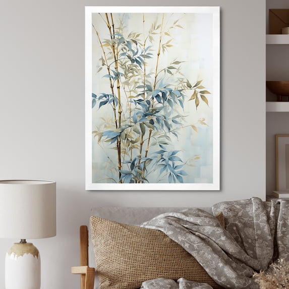 Designart "Golden Minimalism With Blue Bamboo" Bamboo Picture Framed Wall Art Prints