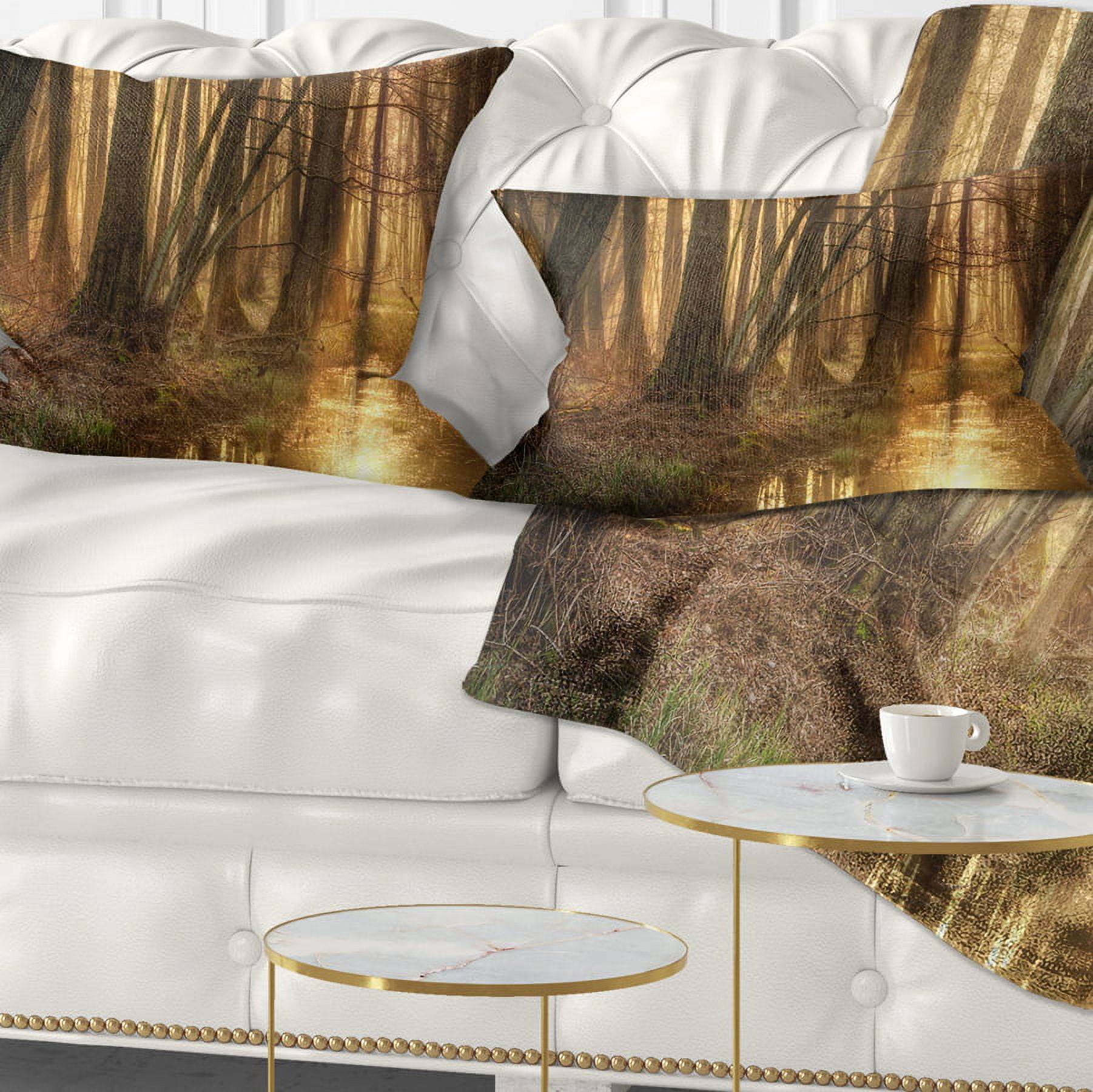 Designart Golden Morning in Dense Forest - Landscape Photography Throw Pillow - 12x20