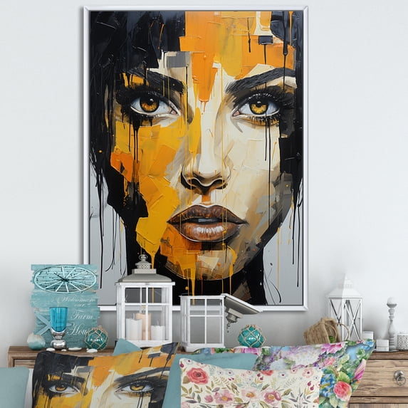 Designart "Golden Mystery Female Likeness" Abstract Floater Framed Wall Art Living Room