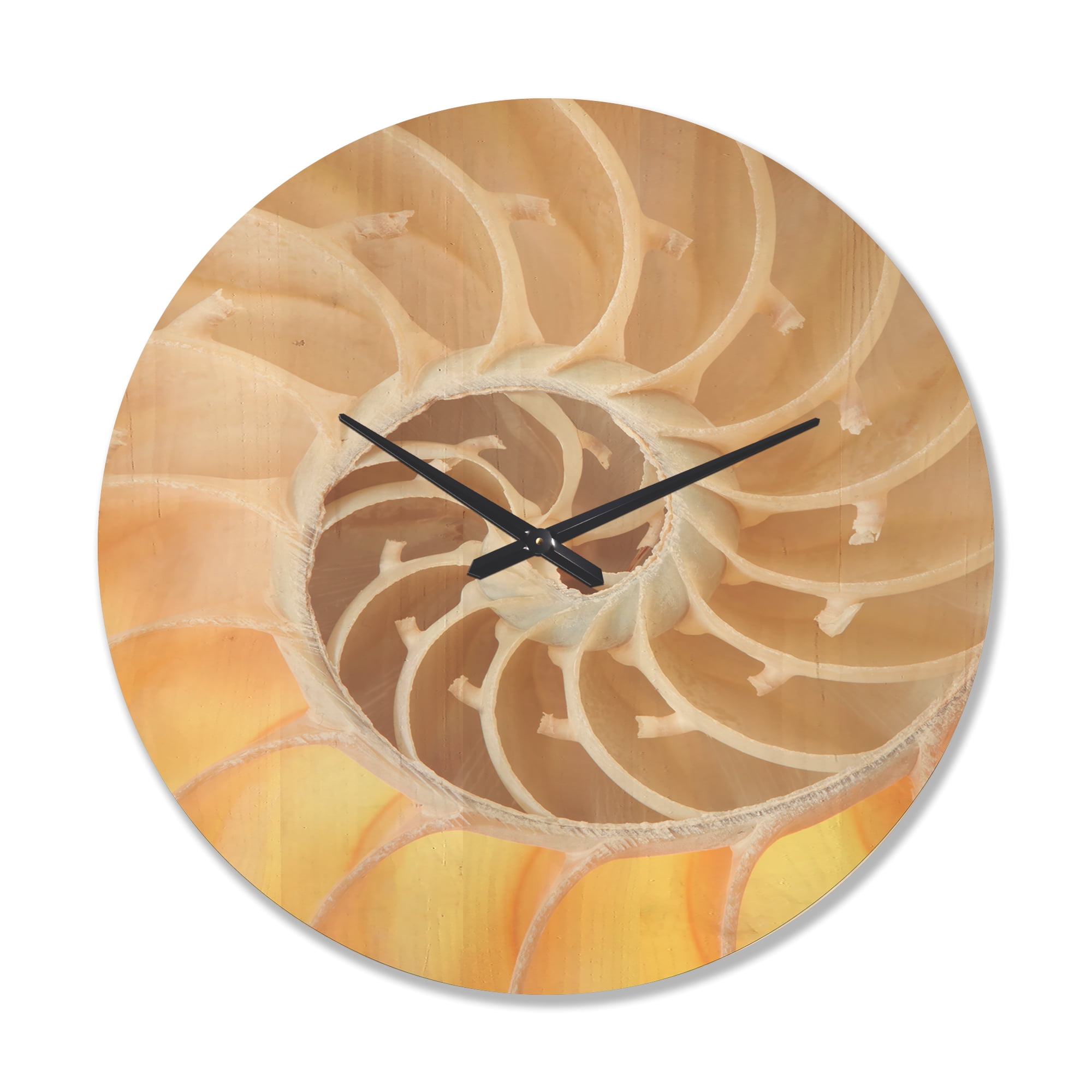 Designart 'Golden Nautilus Seashell Pattern ' Modern Wood Wall Clock