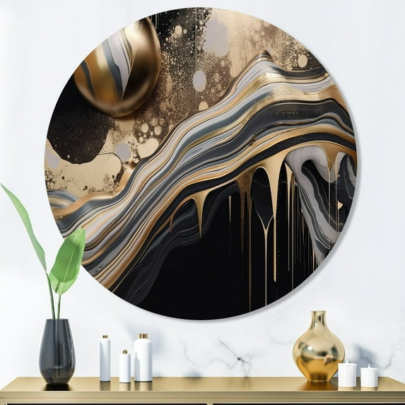 Designart "Golden Noir Marble Enigma" Abstract Marble Metal Round Wall Art