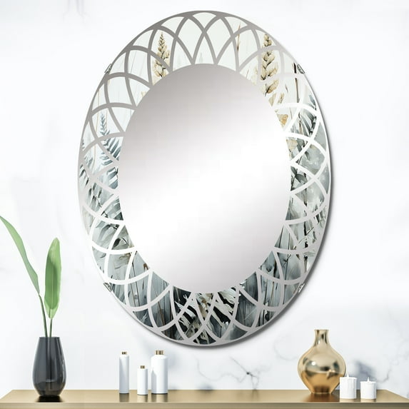 Designart "Golden Oasis Green Ferns" Floral Round Wall Mirror - Modern Oval Printed Decorative Oversized Mirror - Multiple Color Options