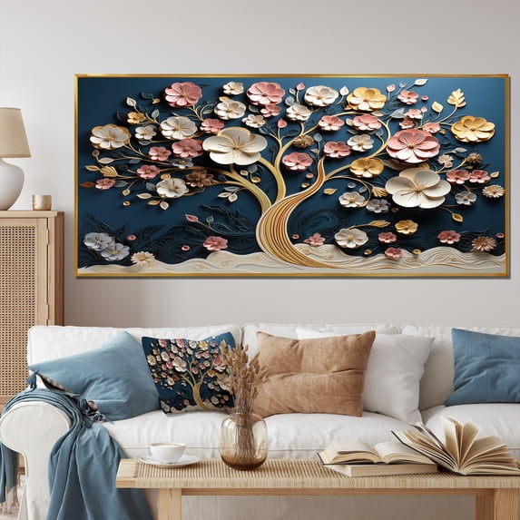 Designart "Golden Orchid Tree Garden with Pink and Blue Branches V" Extra Large Landscapes Framed Wall Art - Country Gold Tree Hallway Framed Wall Art Decor