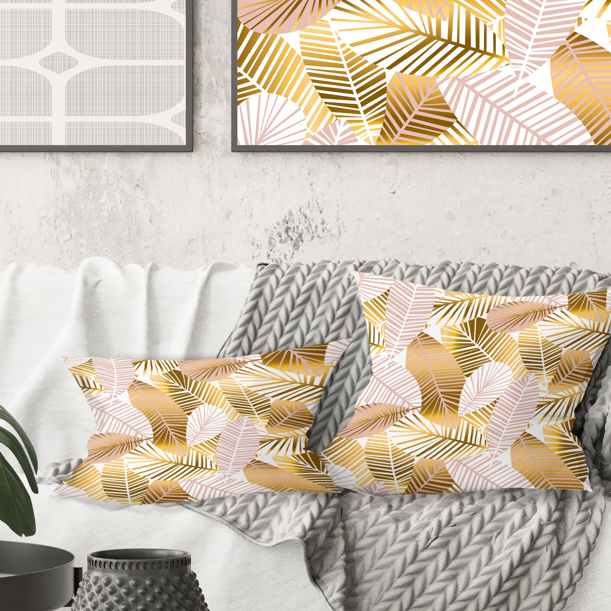 Designart Golden Palm Leaves II' Mid-Century Modern Throw Pillow - 18x18