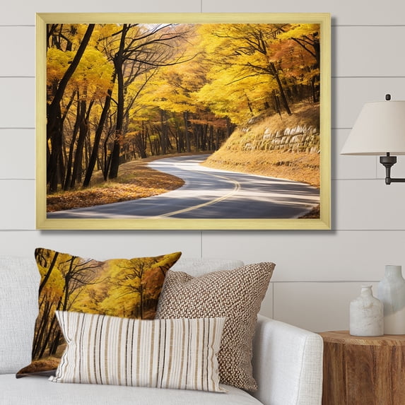 Designart "Golden Pathway Into Autumn's Embrace III" Landscapes Framed Wall Art Decor - Modern Yellow Road Entryway Framed Wall Art