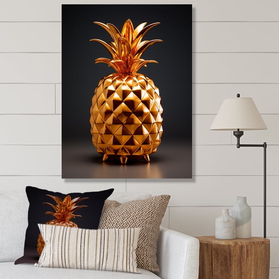 Designart "Golden Pineapple Impressions II" Food & Beverage Canvas Wall Art - Traditional Gold Pineapples Living Room Canvas Art