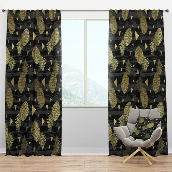 Designart 'Golden Pineapple On Black Horizantal' Mid-Century Modern Blackout Curtain Panel