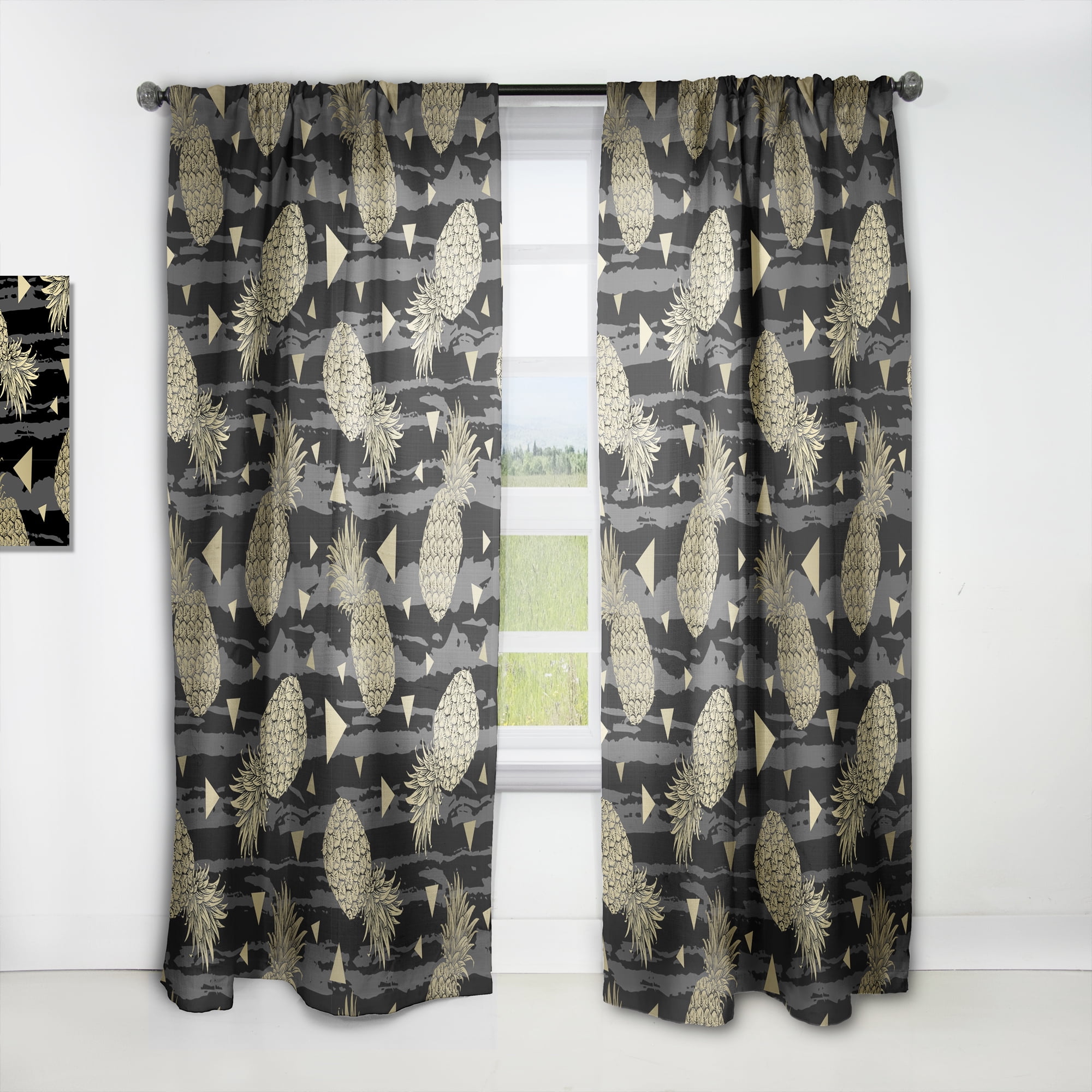 Designart 'Golden Pineapple On Black Horizantal' Mid-Century Modern Curtain Panel