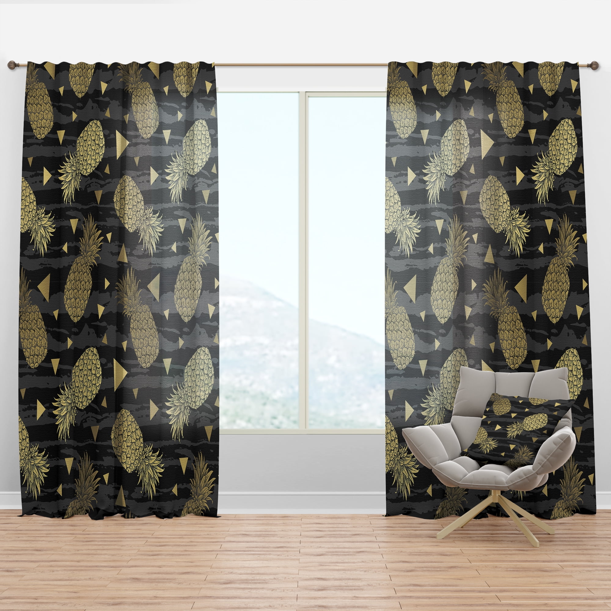 Designart 'Golden Pineapple On Black Horizantal' Mid-Century Modern Curtain Panel