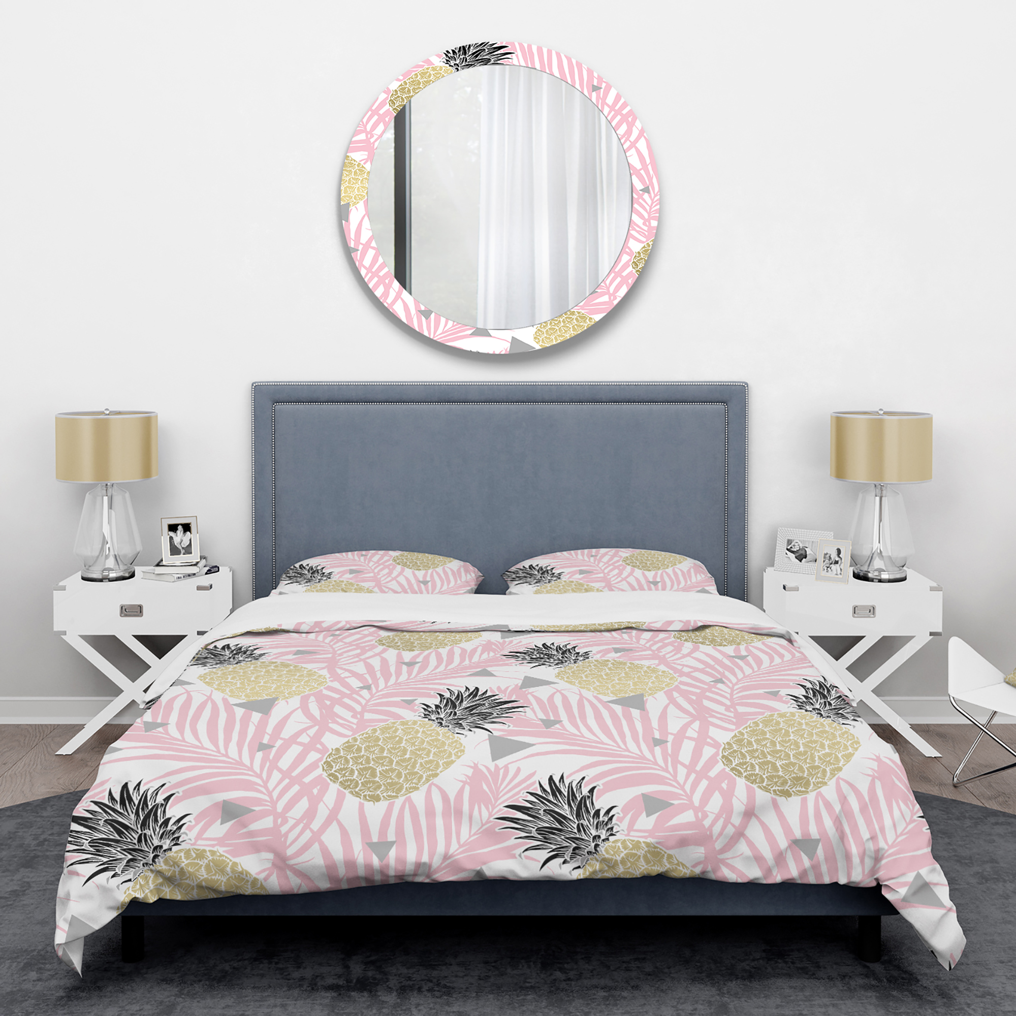 Designart 'Golden Pineapple Pink Leaves' Mid-Century Modern Duvet Cover Set