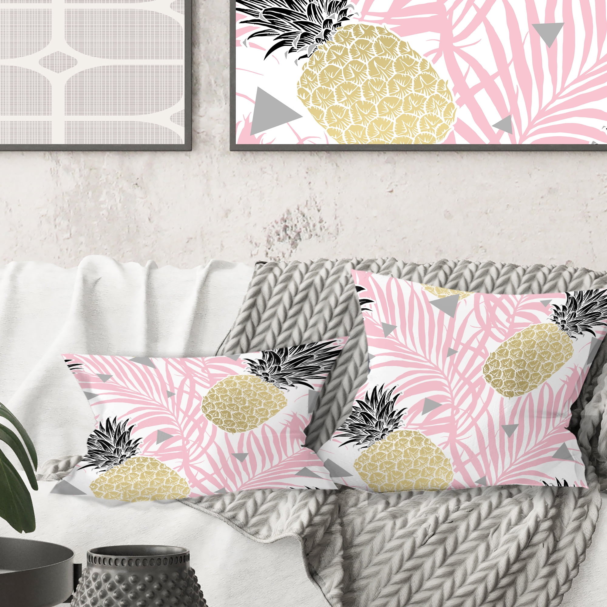 Designart Golden Pineapple Pink Leaves' Mid-Century Modern Throw Pillow - 16x16