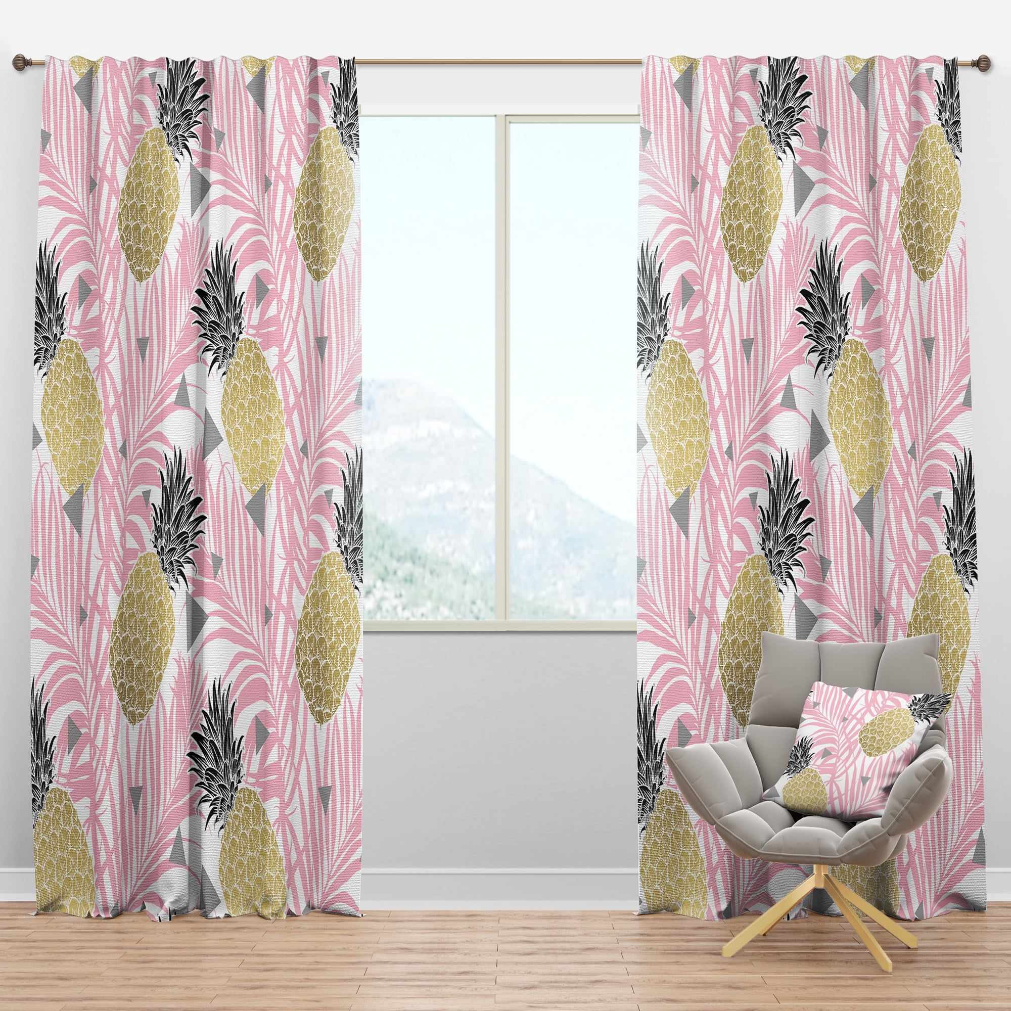 Designart 'Golden Pineapple With Pink Leaves' Mid-Century Modern Blackout Curtain Panel