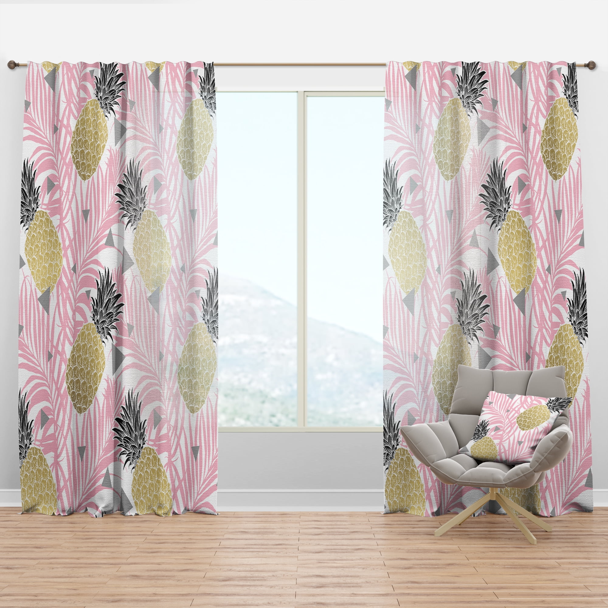 Designart 'Golden Pineapple With Pink Leaves' Mid-Century Modern Curtain Panel