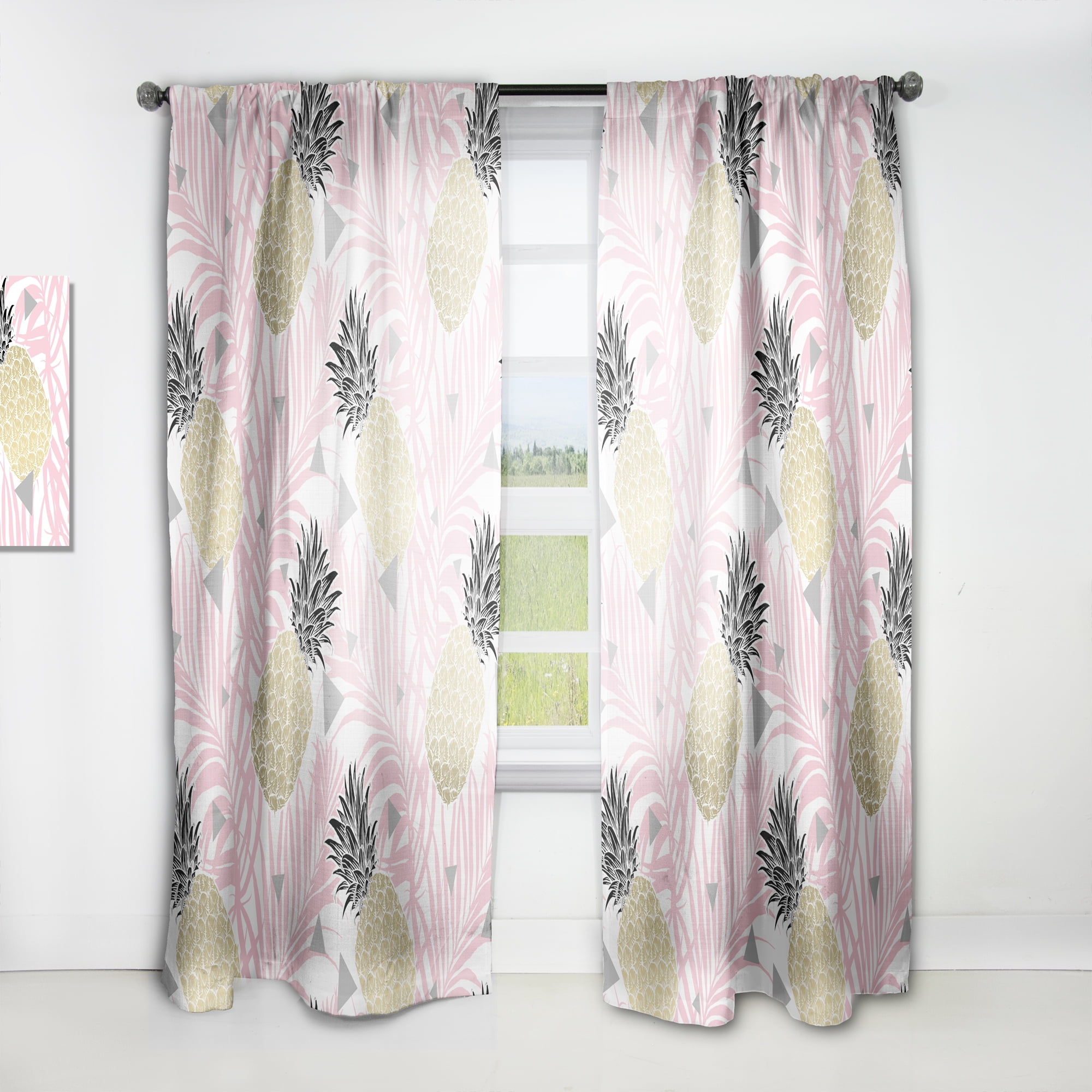 Designart 'Golden Pineapple With Pink Leaves' Mid-Century Modern Curtain Panel