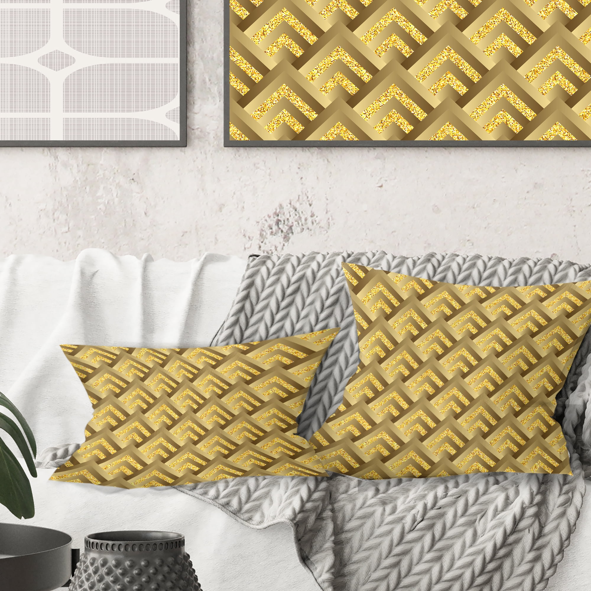 Designart Golden Plaid pattern' Mid-Century Modern Throw Pillow - 18x18
