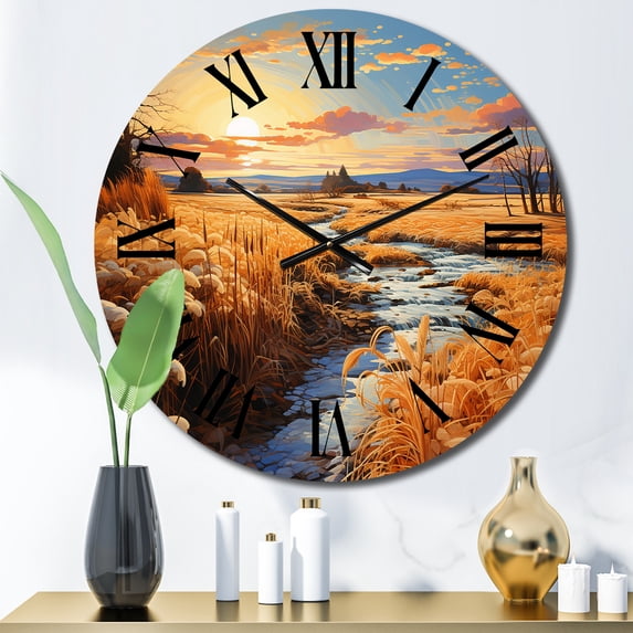 Designart "Golden Prairies Under a Bold Yellow and Blue Sky III" Landscapes Oversized Wall Clock