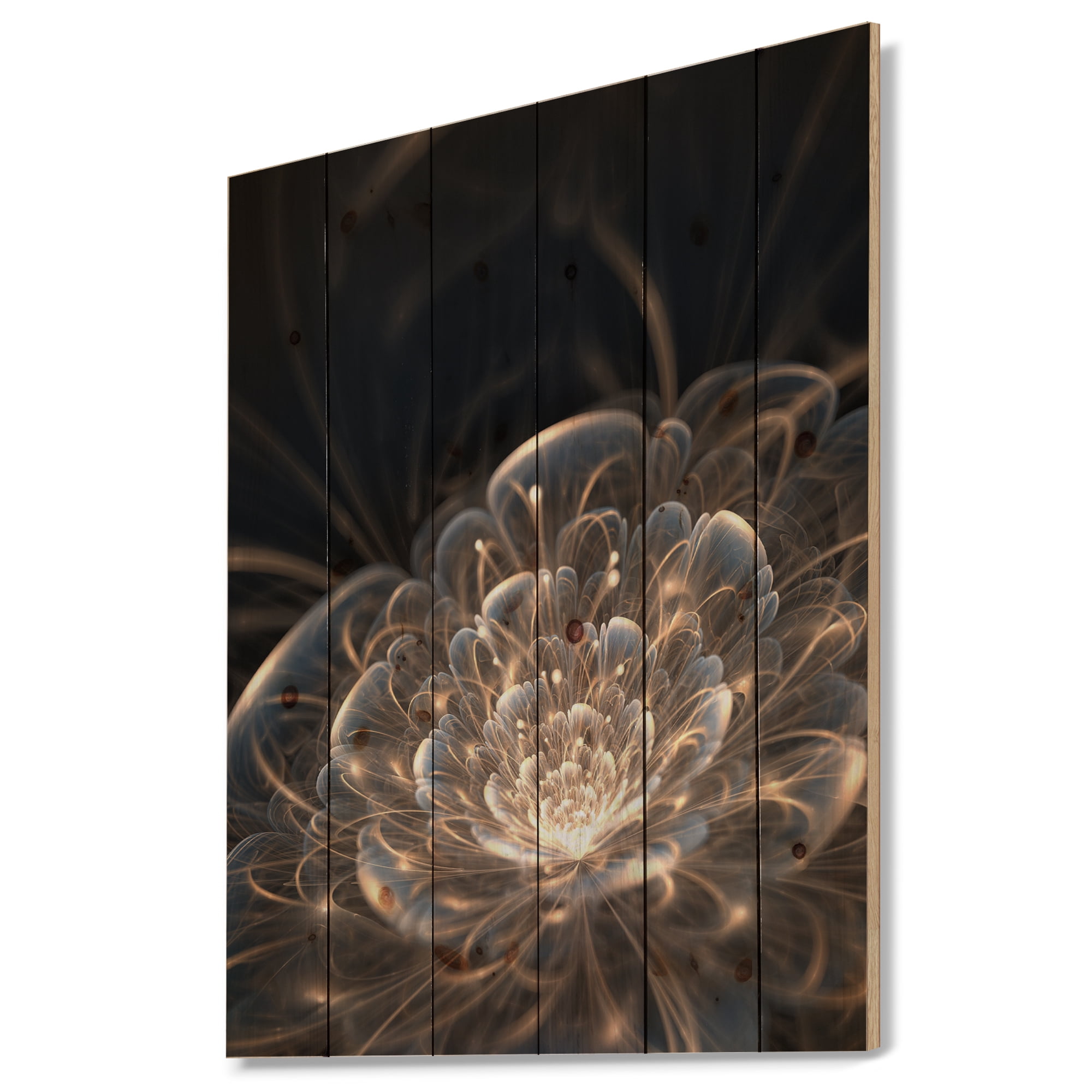 Designart 'Golden Rays With Fractal Flower' Floral Art Print on Natural Pine Wood