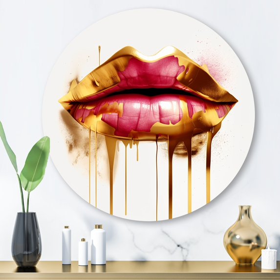Designart "Golden Red Luxe Lips I" Fashion Metal Round Art Living Room