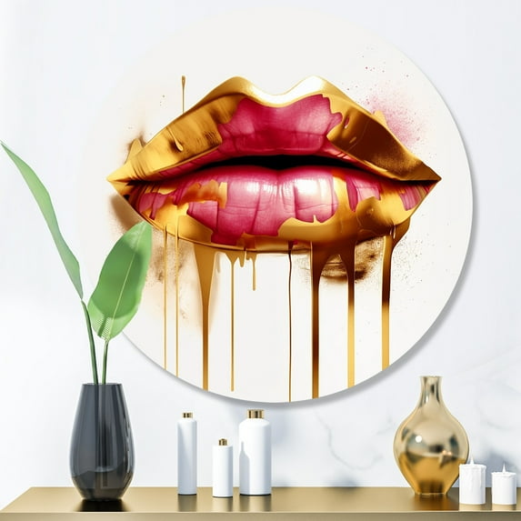 Designart "Golden Red Luxe Lips I" Fashion Metal Round Art Living Room