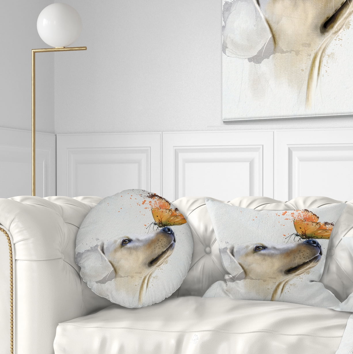 Designart Golden Retriever Dog with Butterfly - Animal Throw Pillow - 12x20