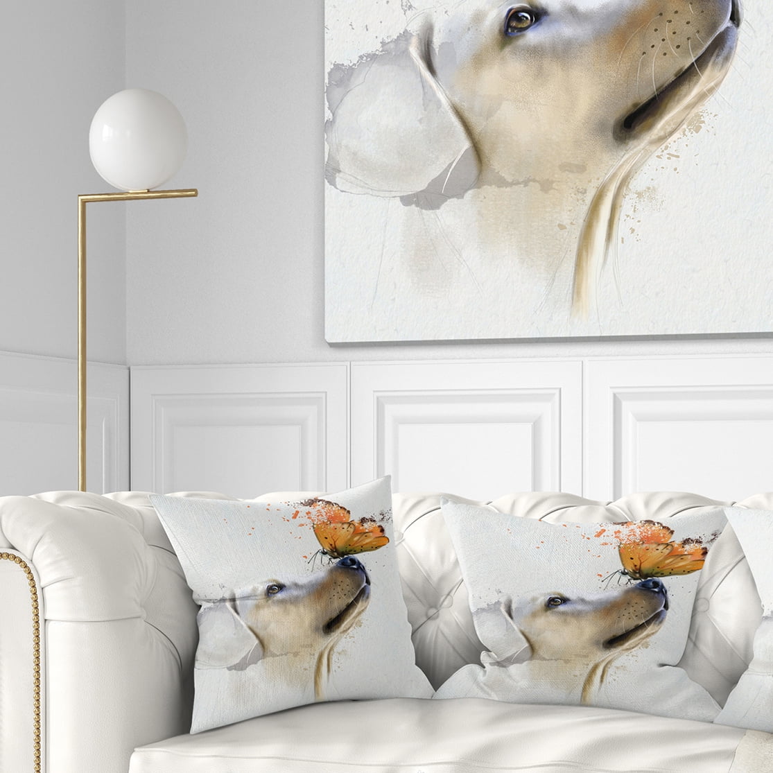 Designart Golden Retriever Dog with Butterfly - Animal Throw Pillow - 16x16