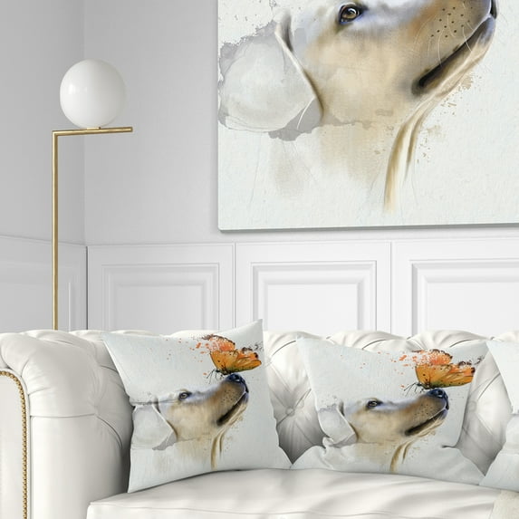 Designart Golden Retriever Dog with Butterfly - Animal Throw Pillow - 18x18