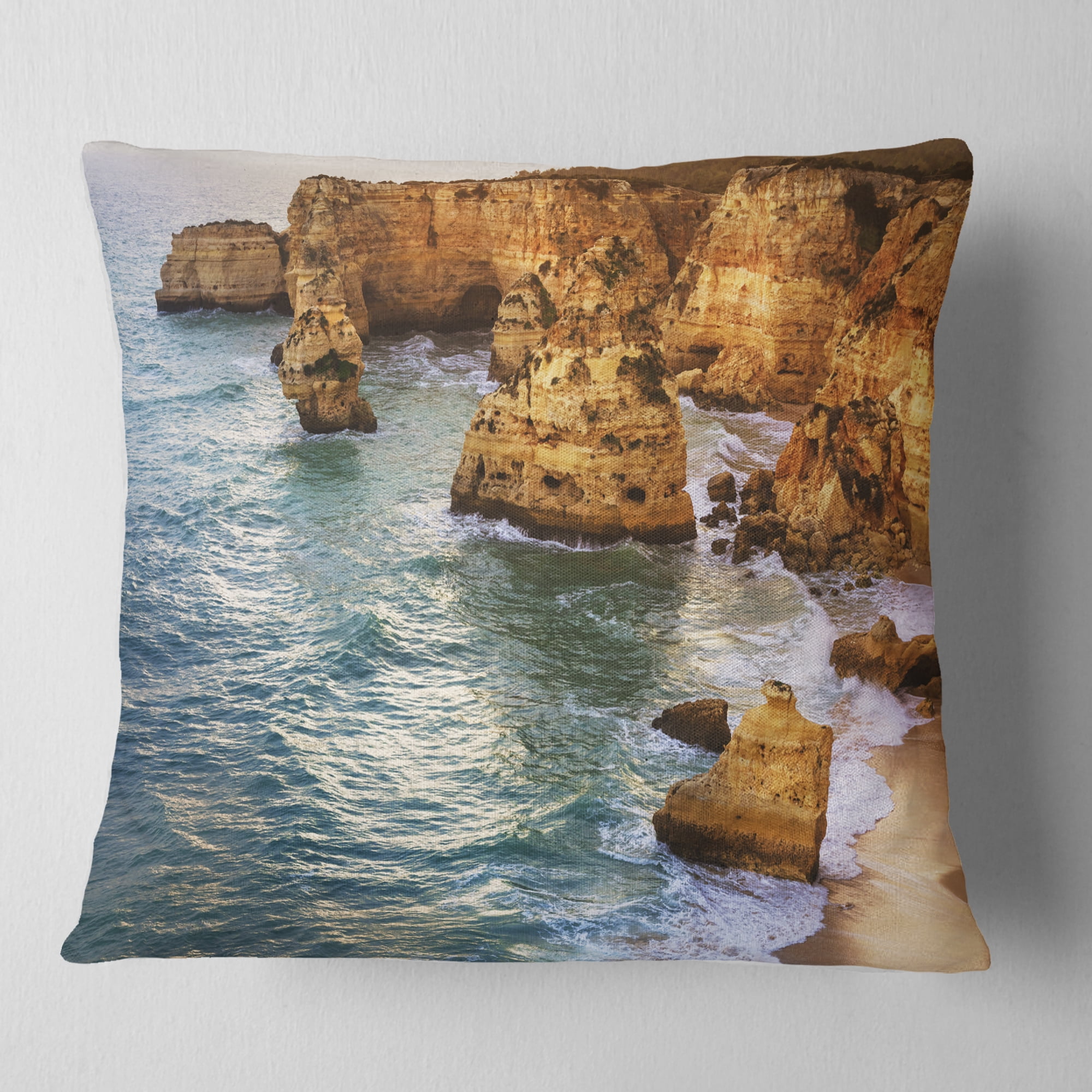 Designart Golden Rocks and Beach at Algarve - Seashore Throw Pillow - 18x18