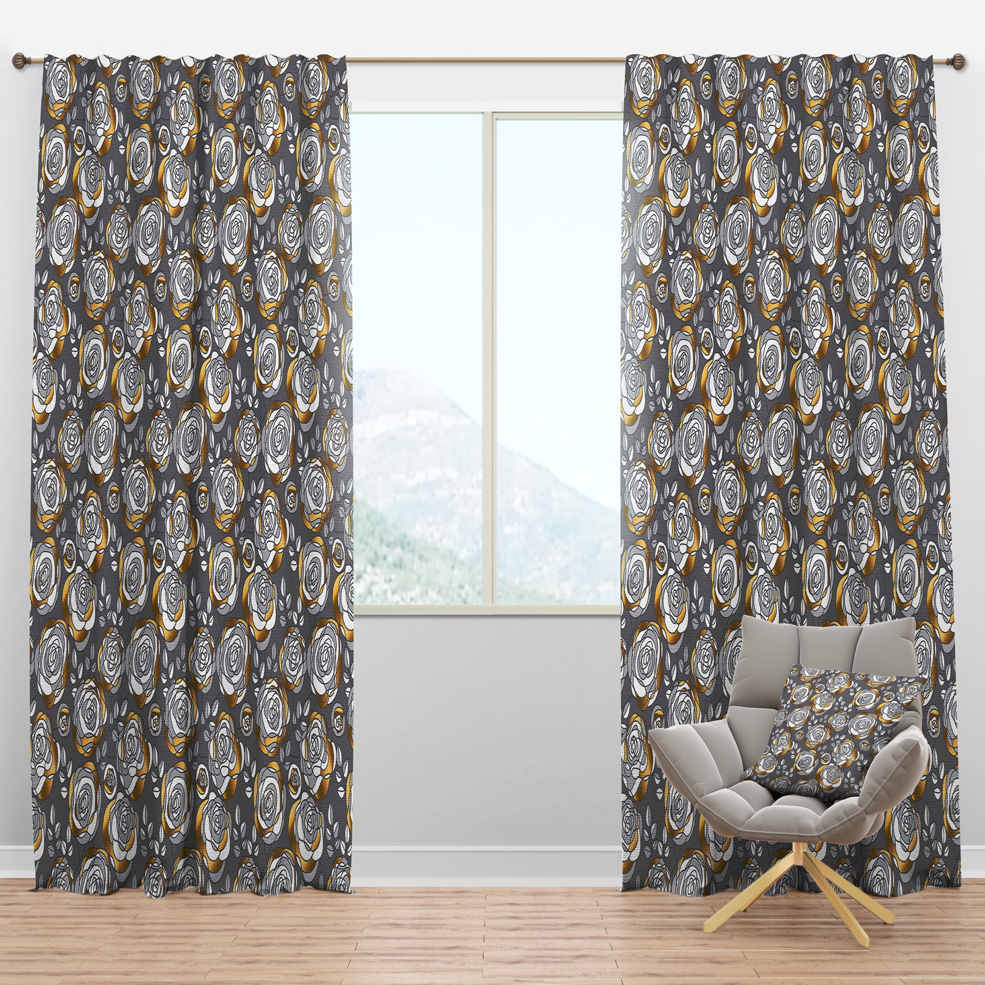 Designart 'Golden Rose Flowers On Gray' Mid-Century Modern Blackout Curtain Panel