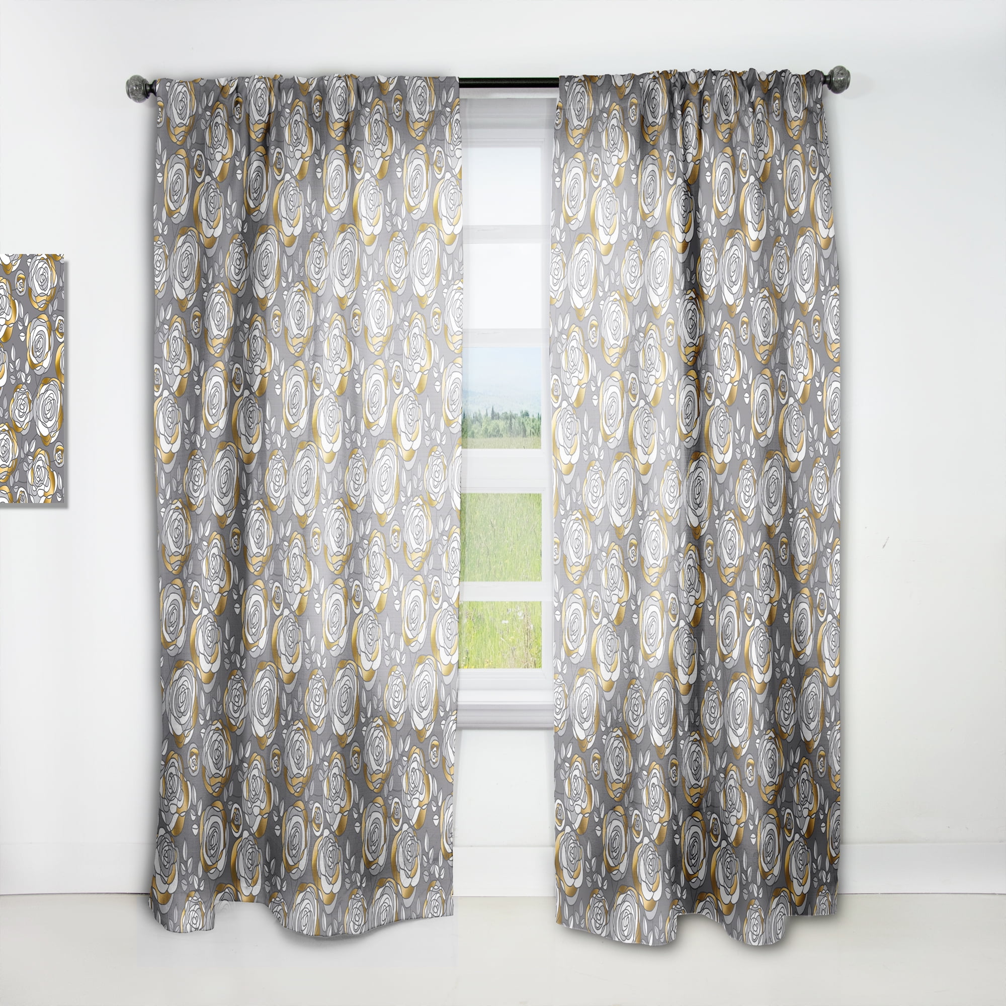 Designart 'Golden Rose Flowers On Gray' Mid-Century Modern Curtain Panel