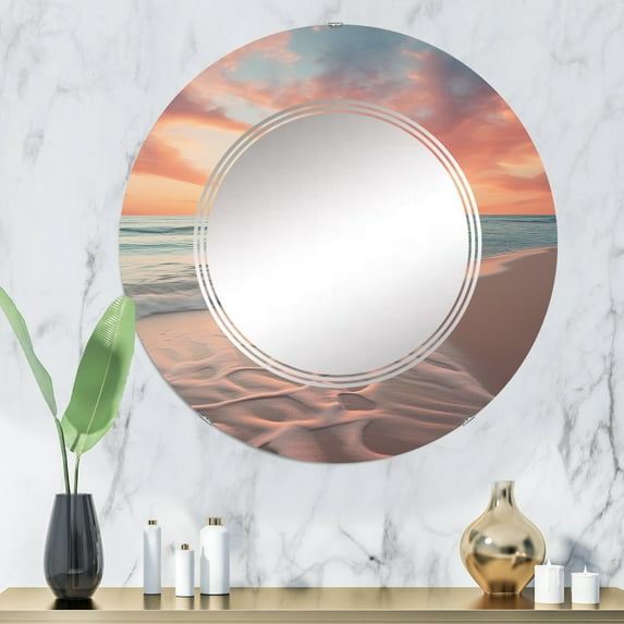 Designart "Golden Sands Beach Photo XIII" Nautical & Beach Round Wall Mirror - Coastal Oval Printed Decorative Oversized Mirror - Multiple Color Options