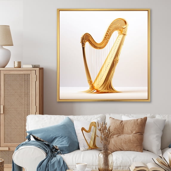 Designart "Golden Serenity In Harp Harmony I" Music Floater Framed Wall Art Living Room