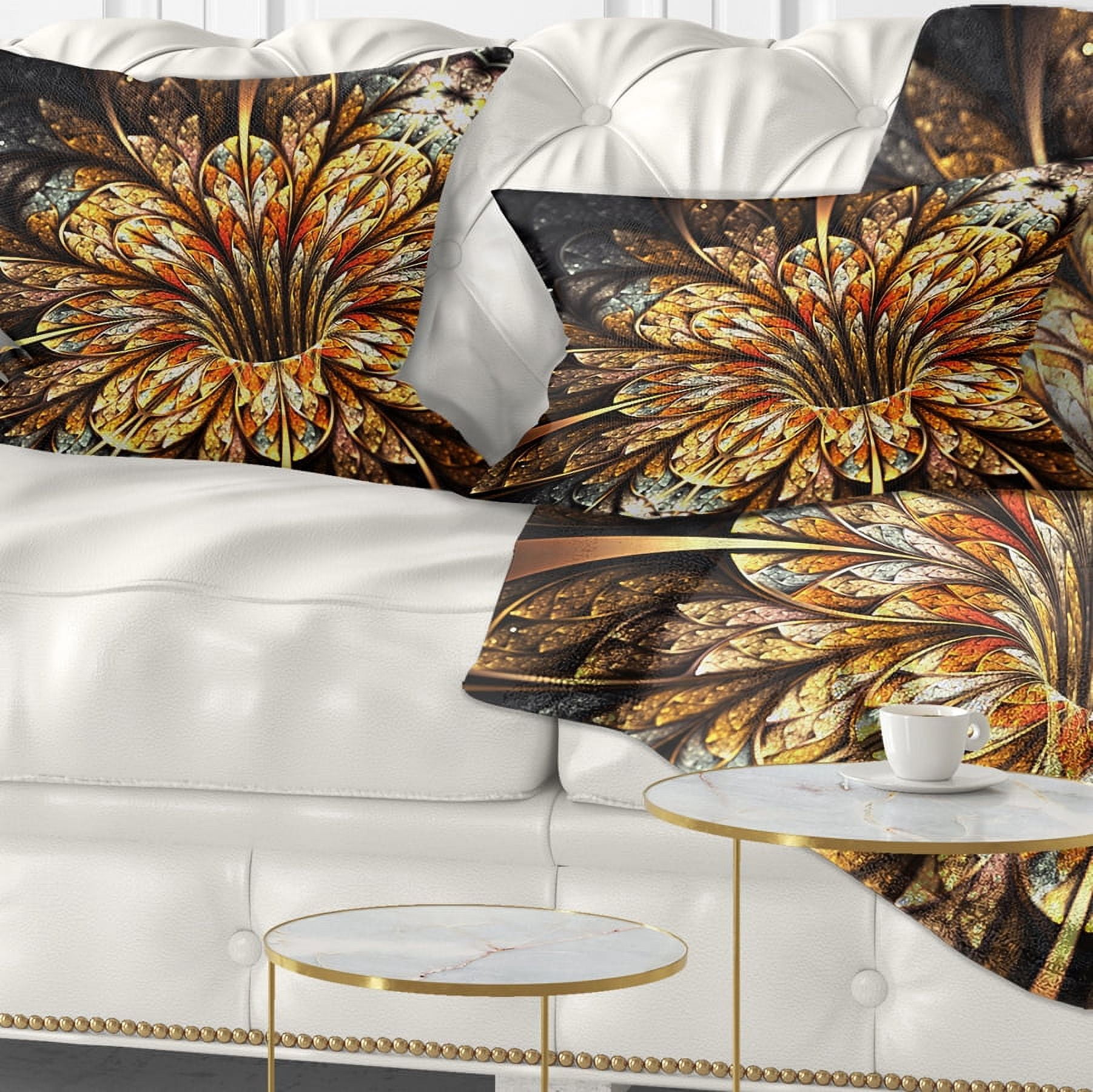 Designart Golden Shiny Fractal Flower - Floral Throw Pillow - 12x20