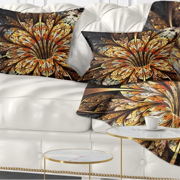 Designart Golden Shiny Fractal Flower - Floral Throw Pillow - 12x20