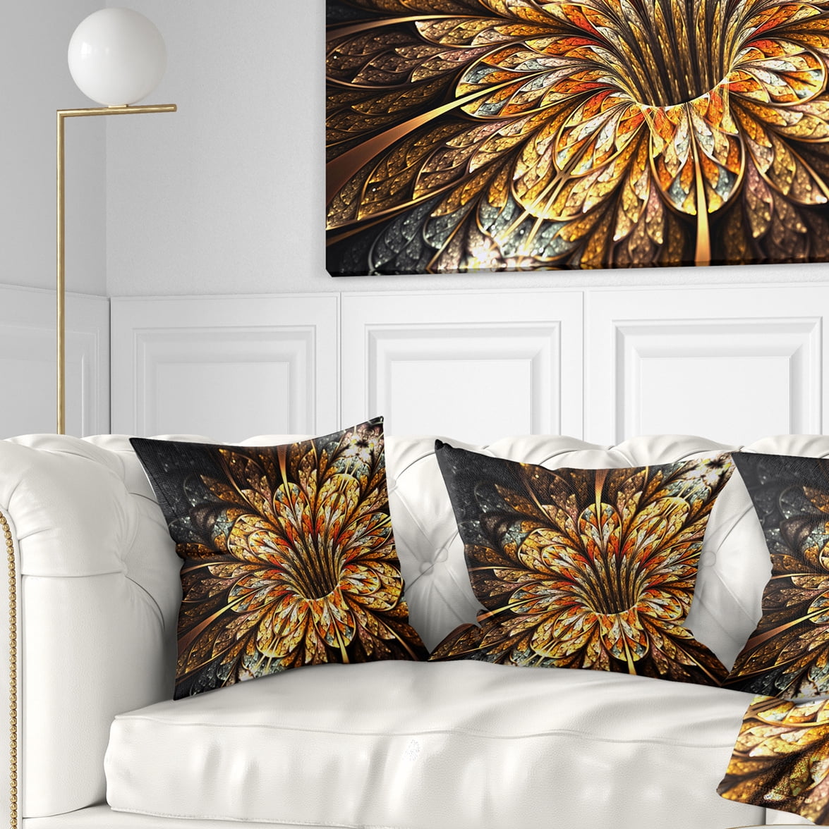 Designart Golden Shiny Fractal Flower - Floral Throw Pillow - 16x16