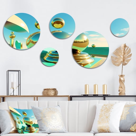 Designart "Golden Spheres Infinity II" City Metal Wall Art Set of 5 Piece