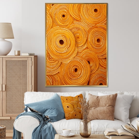 Designart "Golden Spiral Sunset Reverie I" Abstract Framed Wall Art - Modern Yellow Abstract Collages Hallway Framed Wall Art Decor