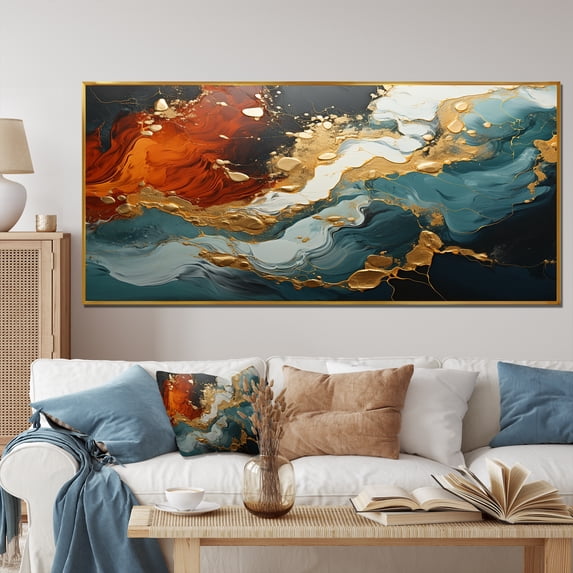 Designart "Golden Storm Blue and Gold Marble I" Oversized Abstract Framed Wall Art - Modern Blue Abstract Painting Entryway Framed Wall Art Print
