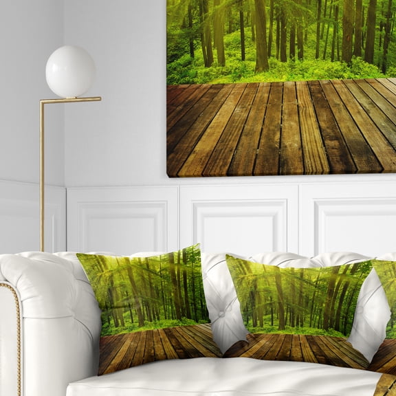 Designart Golden Sunlight in Pine Forest - Landscape Photography Throw Pillow - 16x16
