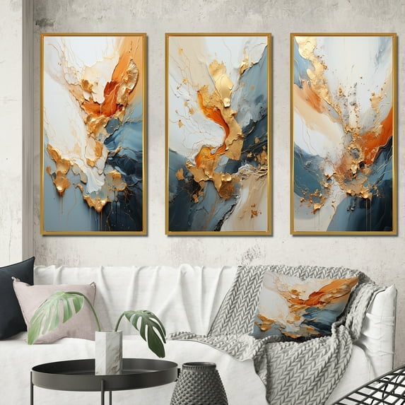 Designart "Golden Sunrise Abstract in Gold and Navy Blue II" Abstract Painting Framed Wall Art Set Of 3 - Gold Modern Frame Gallery Wall Set For Home Decor