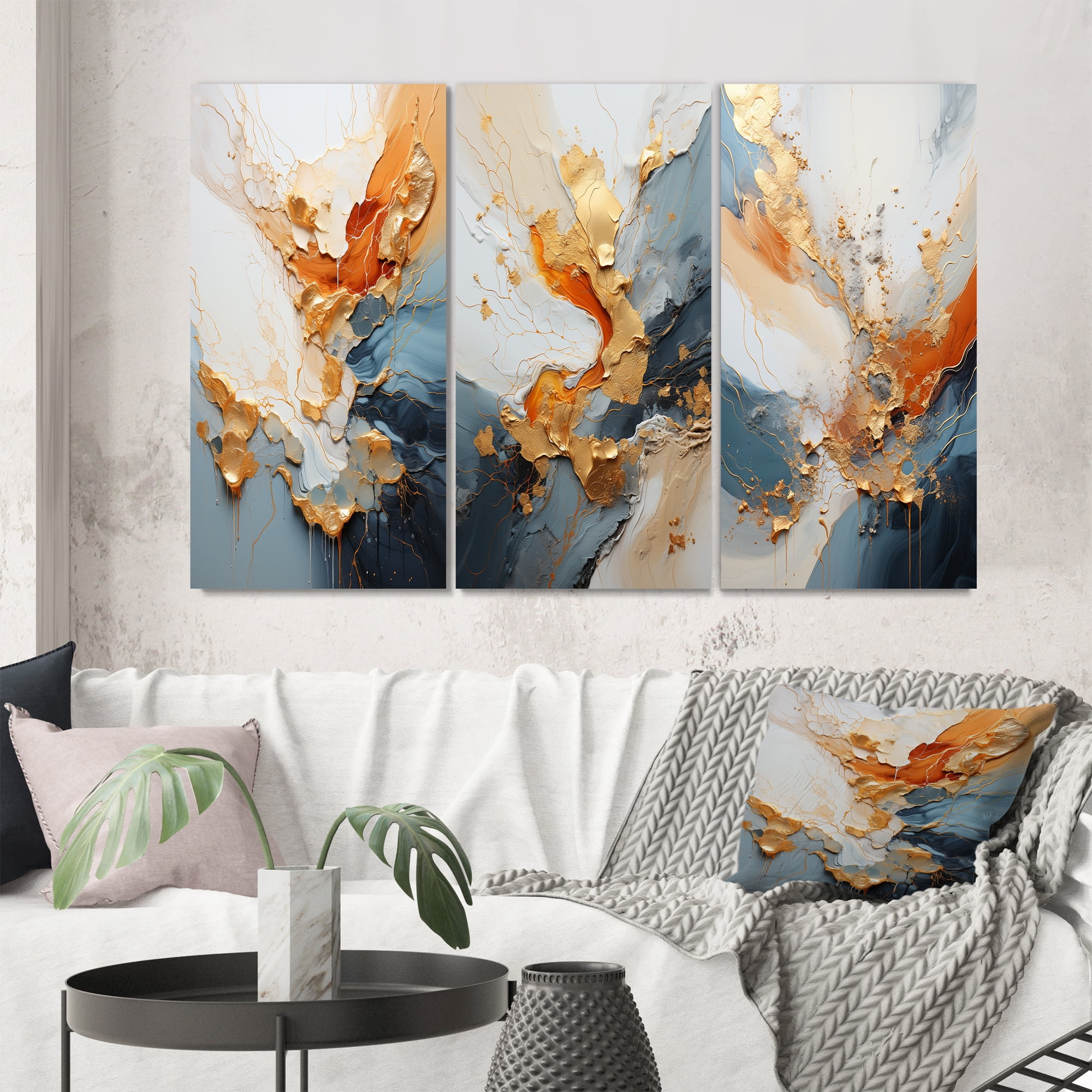 Golden Sunrise Abstract Gold and Navy Blue Canvas Art Set