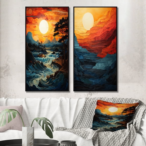 Designart "Golden Sunrise formd VI" Sunrisesunset Framed Wall Art Set Of 2 - Yellow Landscapes Frame Gallery Set For Office Decor