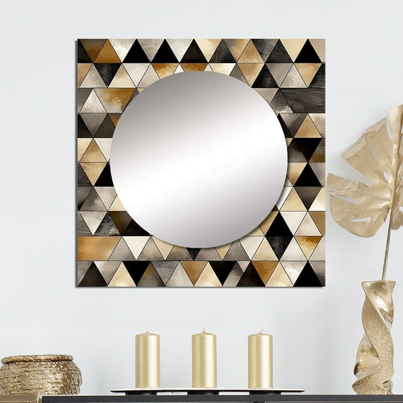 Designart "Golden Symmetry Exploration II" Modern Geometric Square Mirror For Wall Decor - Large Brown Square Mirror Printed Wall Decor - Modern Square Living Room Mirror