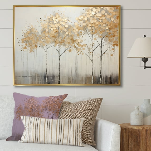 Designart "Golden Tree Tranquility In Minimalism" Landscape Trees Floater Framed Wall Art Prints