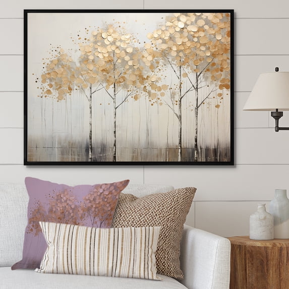 Designart "Golden Tree Tranquility In Minimalism" Landscape Trees Floater Framed Wall Art Prints