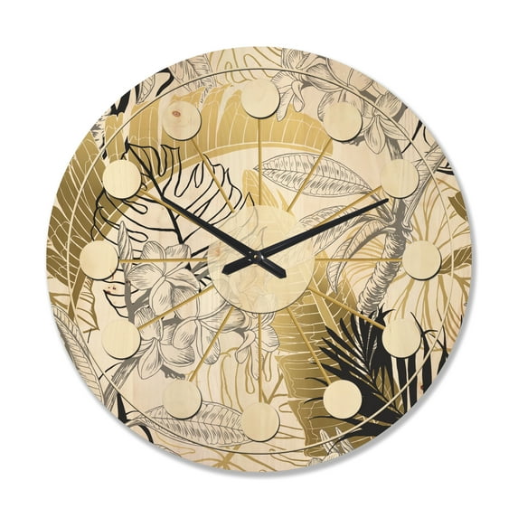 Designart 'Golden Tropical Leaves Pattern I' Mid-Century Modern Wood Wall Clock