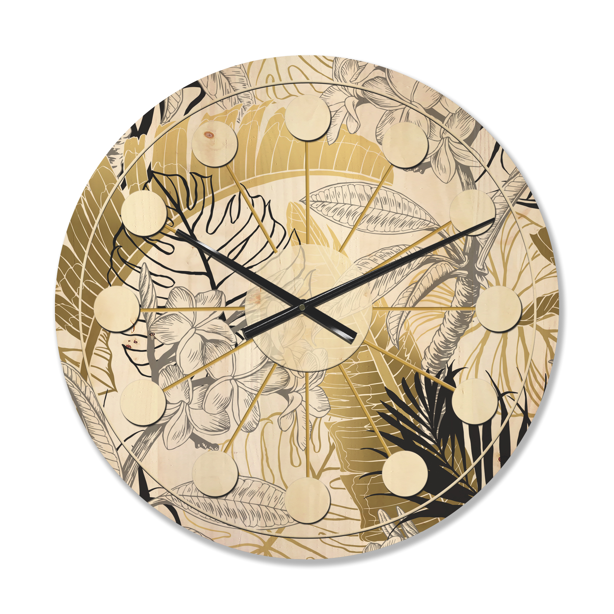 Designart 'Golden Tropical Leaves Pattern I' Mid-Century Modern Wood Wall Clock