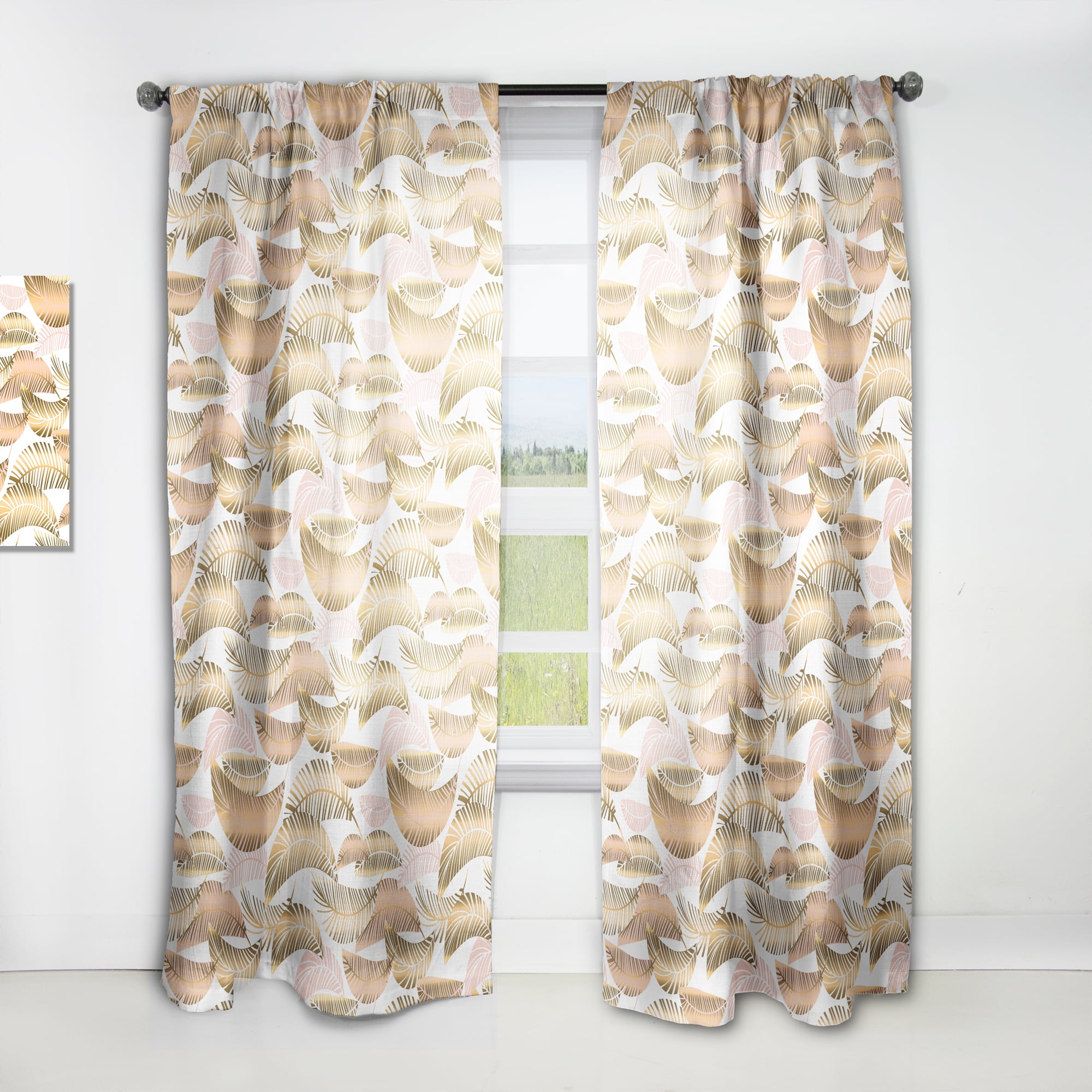Designart 'Golden Tropical Leaves Pattern III' Mid-Century Modern Curtain Panel