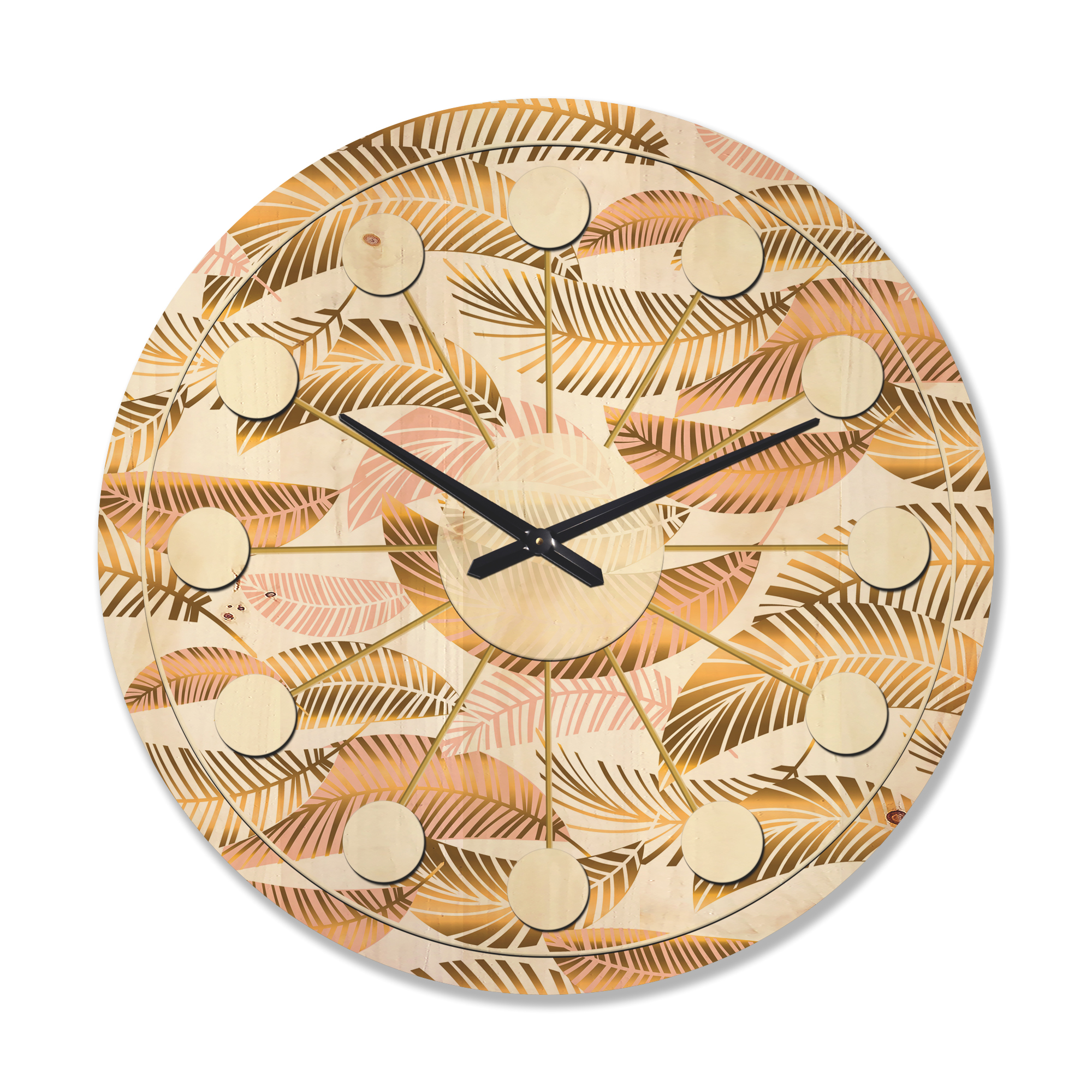 Designart 'Golden Tropical Leaves Pattern III' Mid-Century Modern Wood Wall Clock