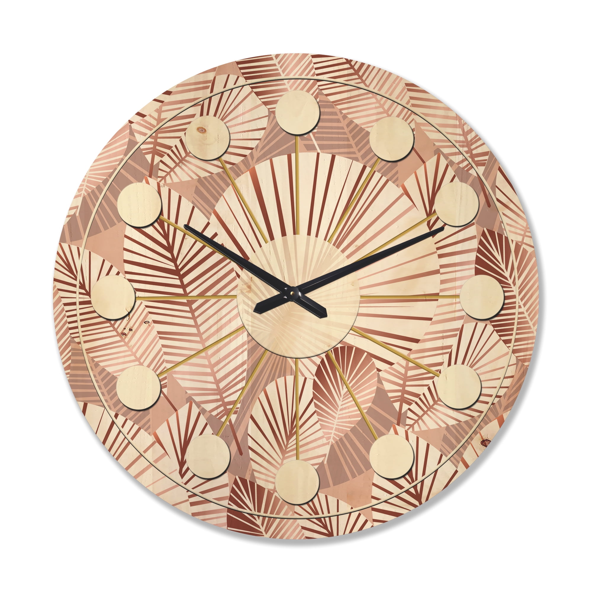 Designart 'Golden Tropical Leaves Pattern IV' Mid-Century Modern Wood Wall Clock